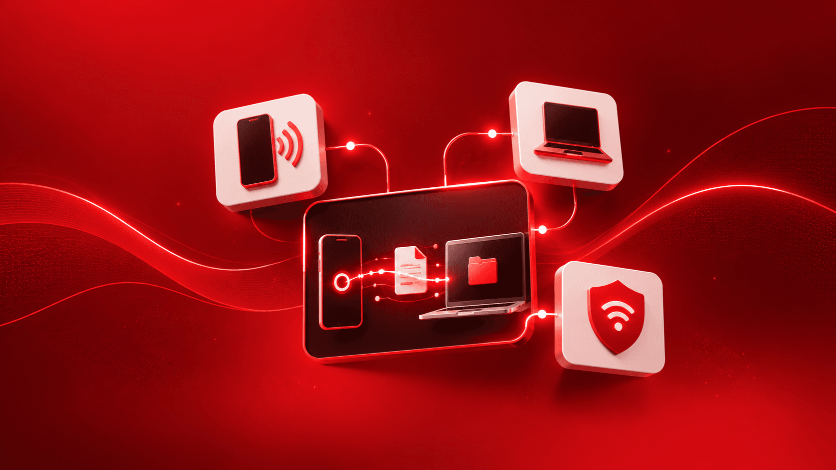 Kırmızı teknoloji temalı kapakta, ortadaki koyu 3D panelde bir telefondan bilgisayara aktarılan dosya; çevresinde cihaz ve güvenlik simgeleri.