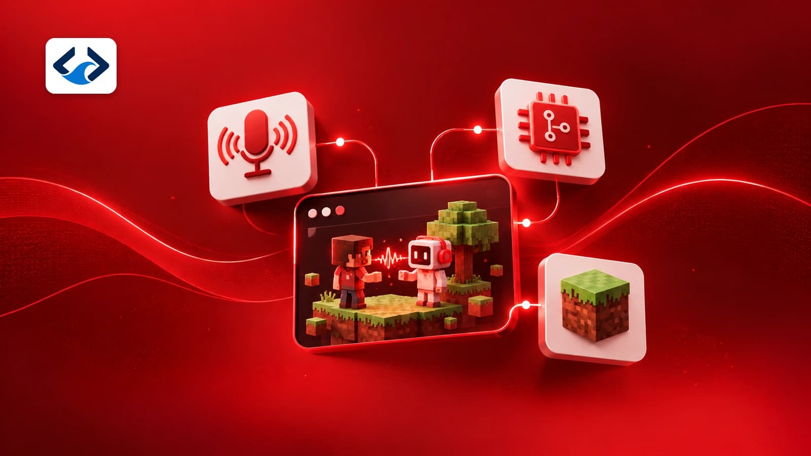 Kırmızı 3D teknoloji sahnesinde, bloklu oyun dünyasını ve yapay zekâ oyun arkadaşını temsil eden koyu panel; çevresinde ses, işlemci ve oyun blokları simgeleri ile Kod Denizi logosu.